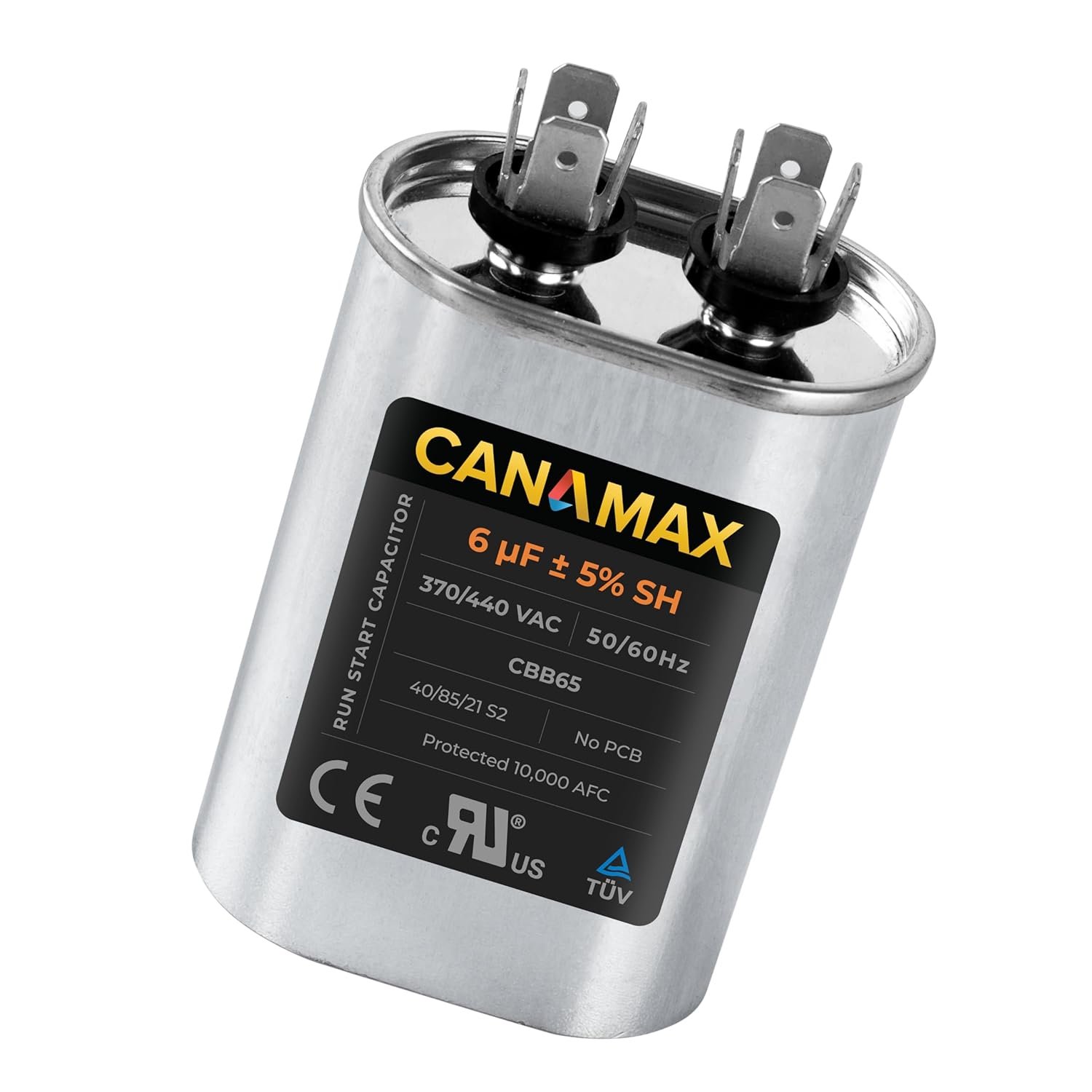 Canamax Premium 6uF mfd ±5% 370-440VAC Oval Run Start Capacitor 50/60 Hz AC Electric – Exact Fit for AC Motor Run or Fan Start and Cool or Heat Pump Air Conditioner