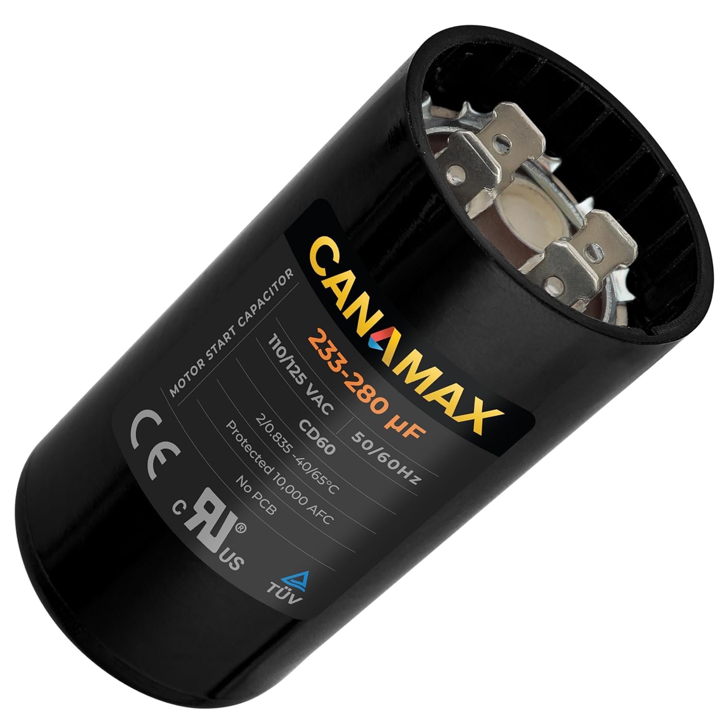 Canamax 233-280 mfd 110-125VAC ±20% Volts Round Motor Start Capacitor for Any Brand with The Same Capacitance Capacity and Voltage